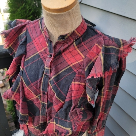 2/$20 Maison Cinqcent Plaid Ruffle Button Down Top S - Picture 3 of 12